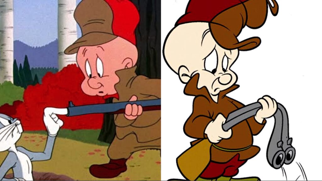 Elmer Fudd holding bent shotgun split forest and white background cartoon Looney Tunes wallpaper