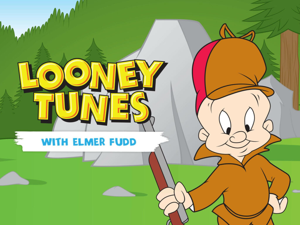 Elmer Fudd in classic hunting outfit in vibrant Looney Tunes forest cartoon wallpaper background
