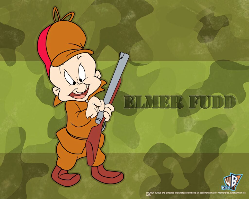 Elmer Fudd with hunting rifle on green camouflage wallpaper classic Looney Tunes cartoon background