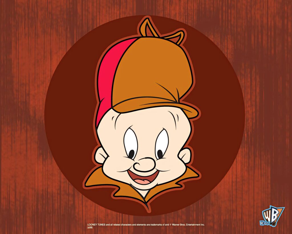 Elmer Fudd cartoon face with maroon hunting cap on rustic woodgrain background wallpaper
