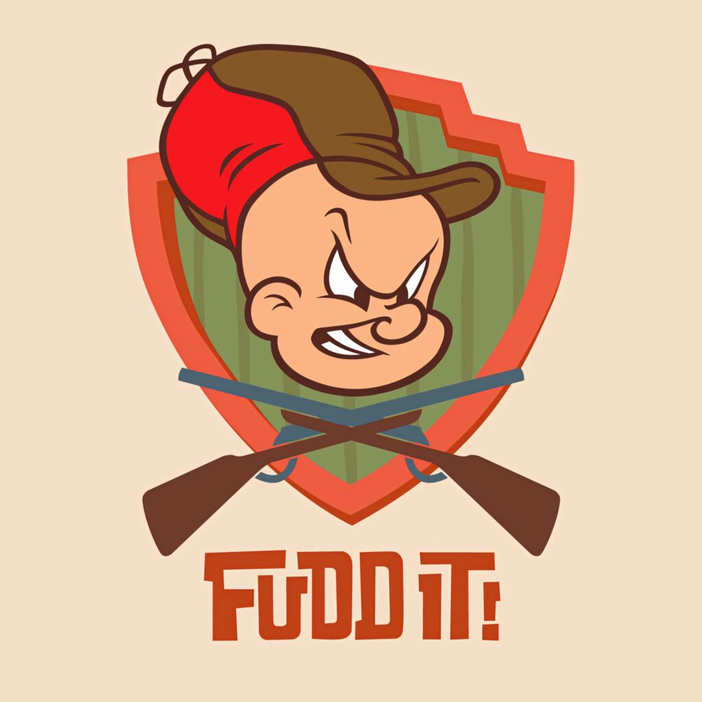 Elmer Fudd cartoon wallpaper with hunter cap shield background crossed rifles retro colors