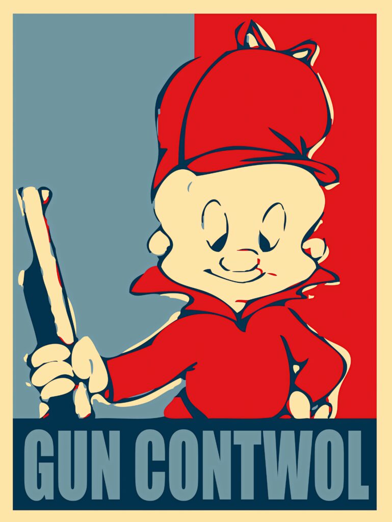 Elmer Fudd cartoon wallpaper vintage poster style bold red blue cream Gun Contwol humor design