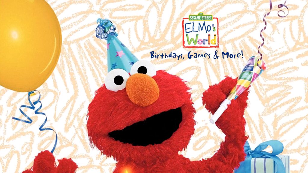 Elmo from Sesame Street birthday wallpaper with party hat balloon and festive noisemaker background