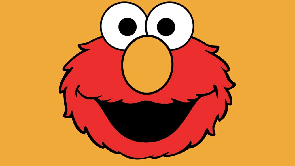 Close-up of Elmo from Sesame Street with bright red fur smiling on bold yellow cartoon background Wallpaper