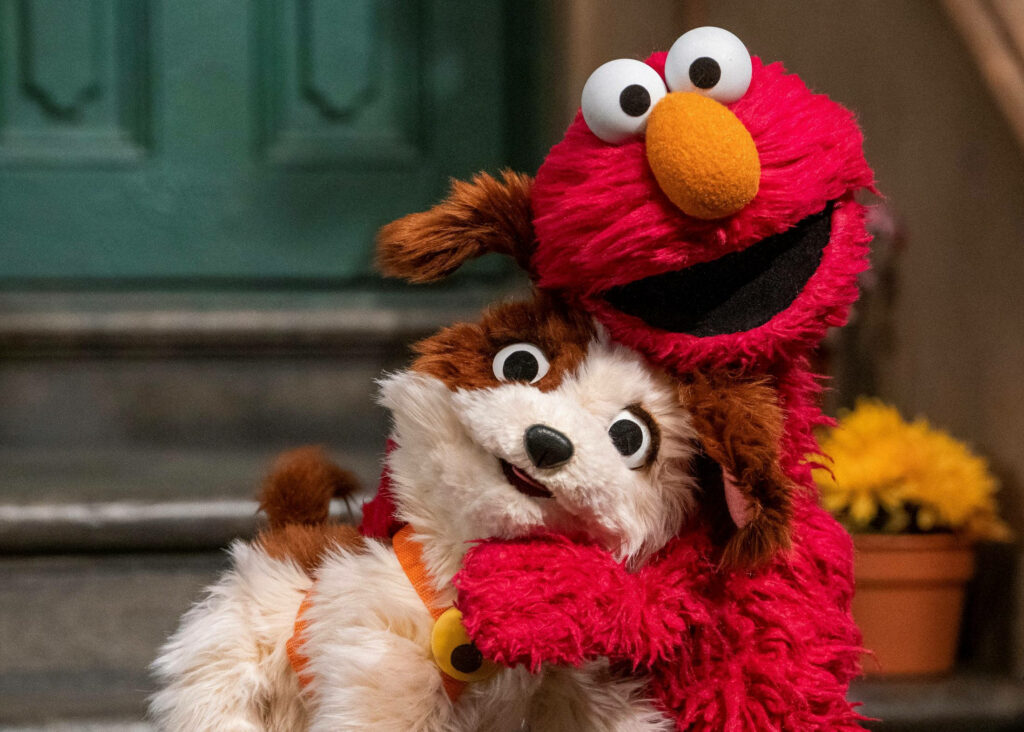 Elmo hugging fluffy puppy Tango in warm red orange cozy home background wallpaper