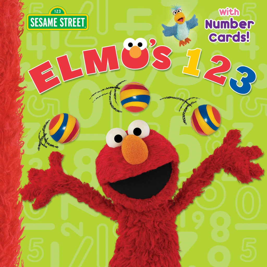 Elmo juggling colorful balls on green background with playful numbers educational wallpaper