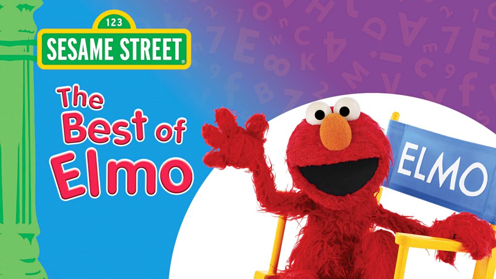 Elmo on blue director chair Sesame Street poster with playful alphabet letters vibrant background Wallpaper