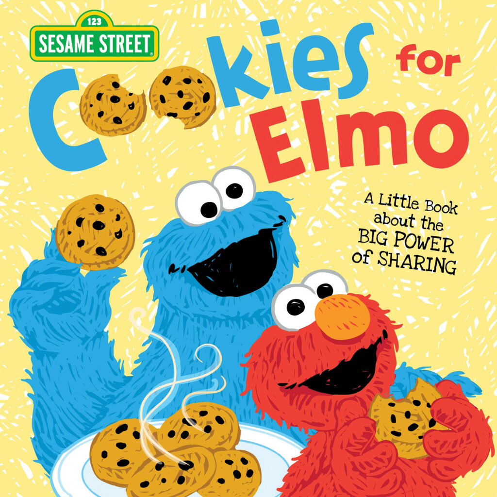 Elmo and Cookie Monster sharing cookies on a bright yellow playful Sesame Street wallpaper background
