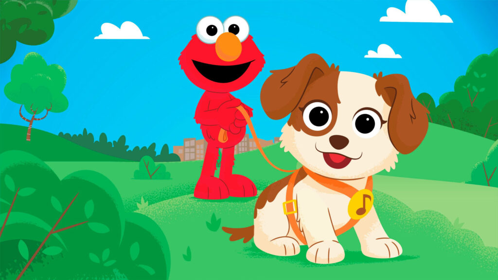 Elmo from Sesame Street with puppy Tango outdoors sunny day green grass blue sky cartoon background Wallpaper