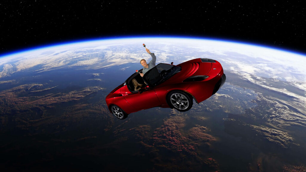 Elon Musk Meme Wallpaper: Tesla Floating in Space with Earth View