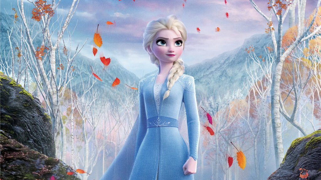 Elsa in enchanted autumn forest with misty mountains vibrant leaves Frozen 2 wallpaper background