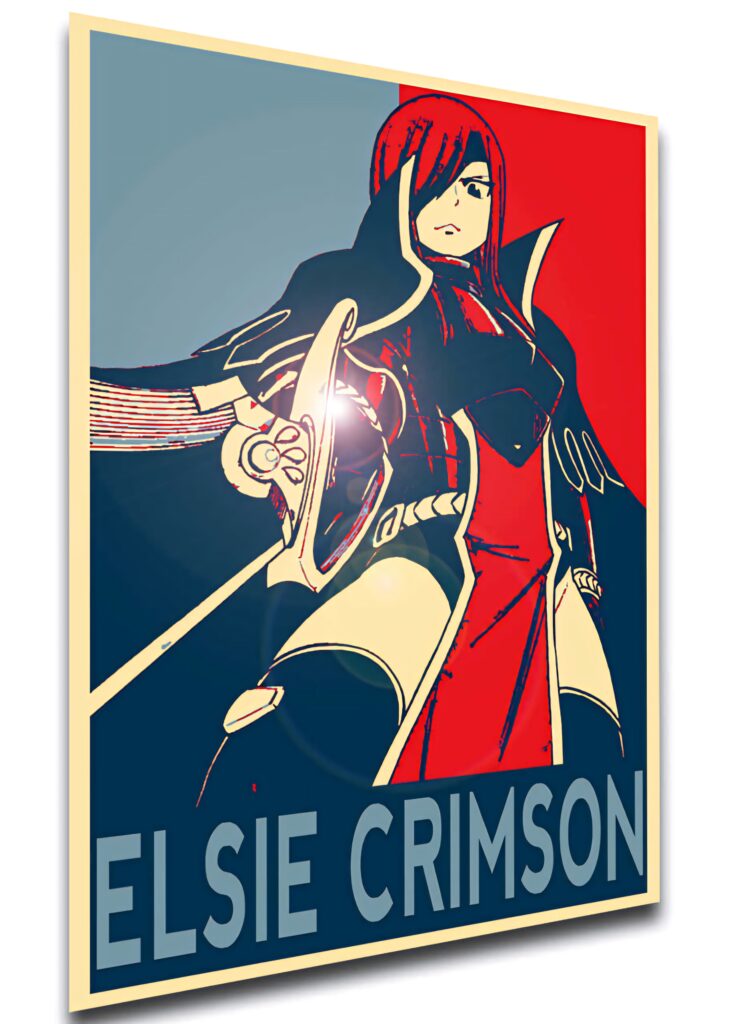 Elsie Crimson comic poster art with bold blues reds confident stance sword retro graphic wallpaper