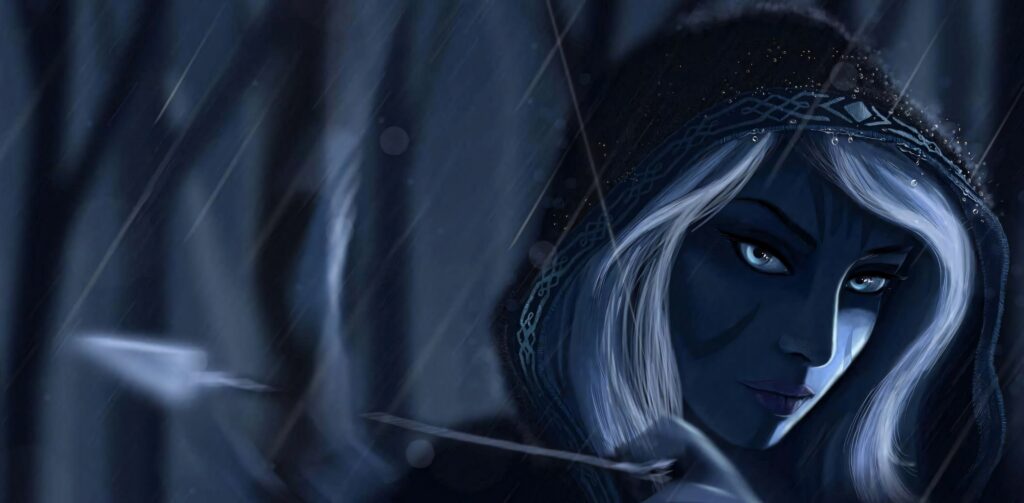 Drow Ranger blue-skinned archer cloaked in shadows with bow drawn in fantasy forest wallpaper