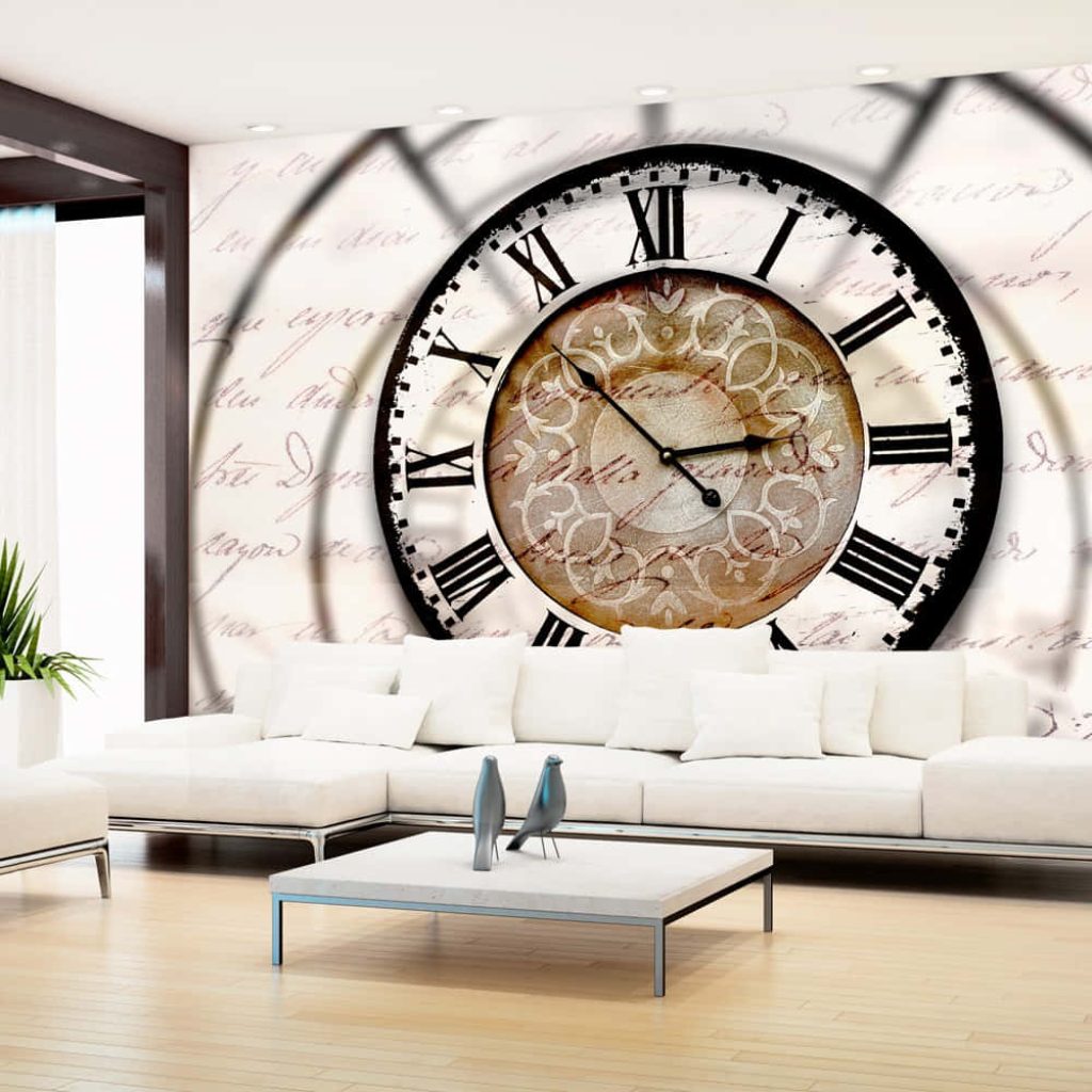 Vintage Roman numeral clock face wall mural with handwritten script and modern white decor Wallpaper