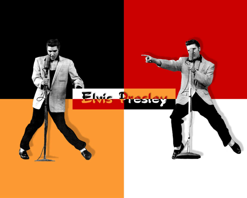 Elvis Presley vibrant wallpaper with iconic poses and bold red black orange geometric background