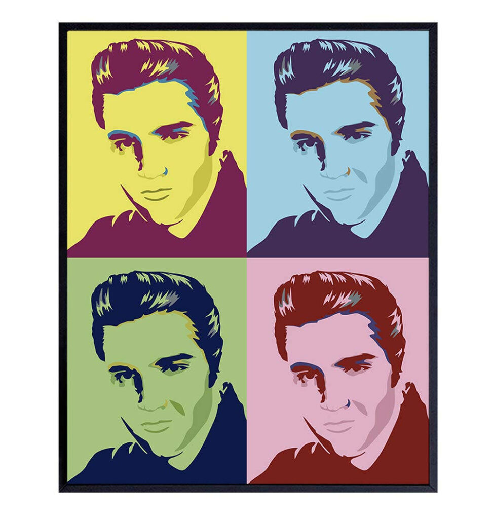 Elvis Presley Pop Art wallpaper vibrant grid of four bold retro Warhol style portraits classic rock