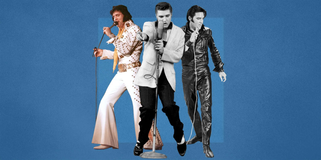 Elvis Presley wallpaper with three iconic outfits showcasing his legendary rock and roll eras on blue background