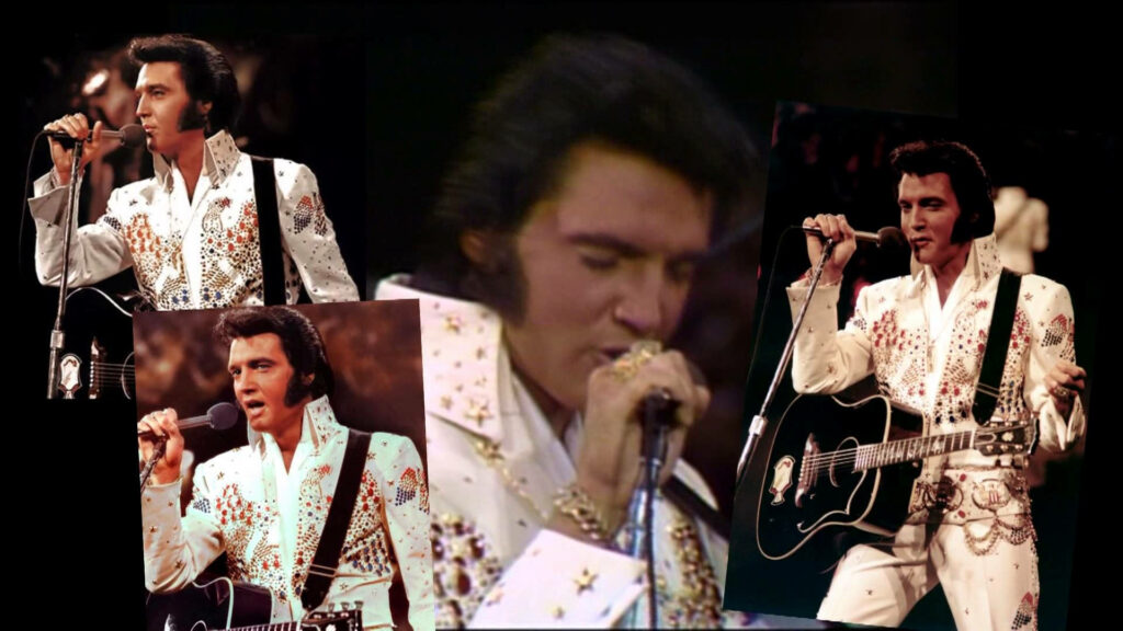 Elvis Presley vibrant wallpaper collage iconic white jumpsuit energetic stage performance