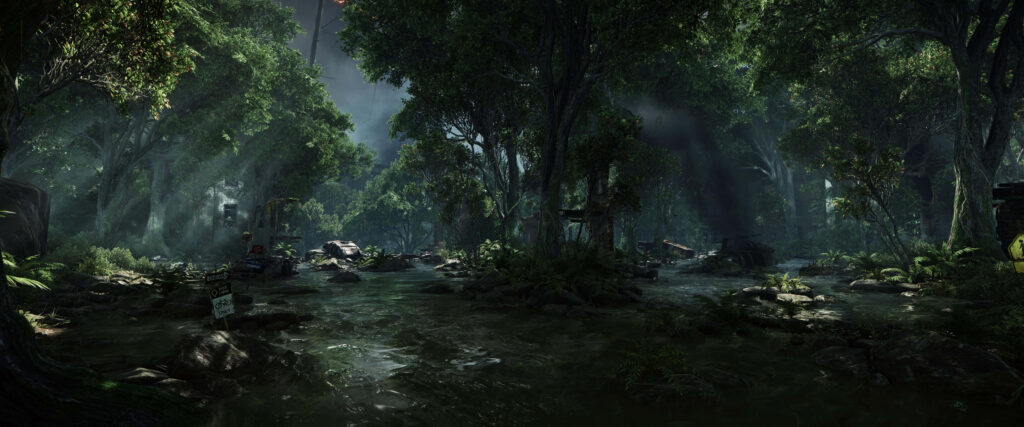 Crysis 3 Wallpaper: Overgrown Urban Jungle Scene with Dense Foliage and Serene Waterway - Game Environment Background