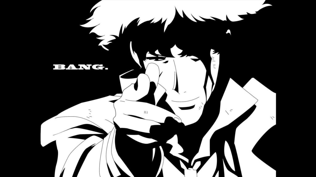 Cowboy Bebop's Intergalactic Crew Embarks on Futuristic Adventures aboard the Bebop Spaceship amidst a Striking Black-and-White Aesthetic Wallpaper