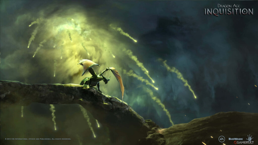 Dragon Age: Inquisition Dragon Wallpaper with Majestic Dragon on Tree Branch and Green Energy Background