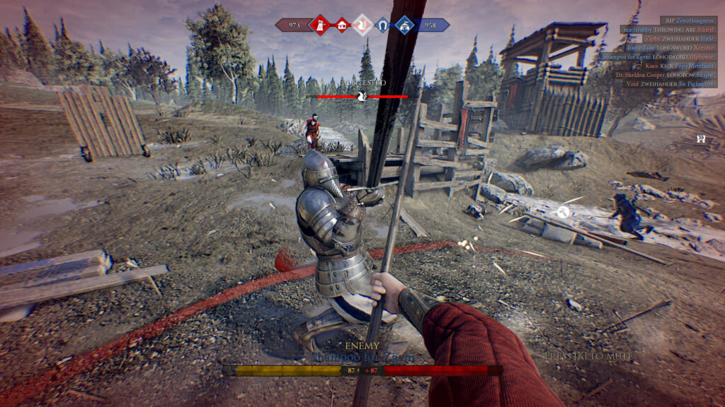 Immersive Medieval Combat in Mordhau: Player Wielding Long Spear Confronts Enemy in Siege Setting Wallpaper