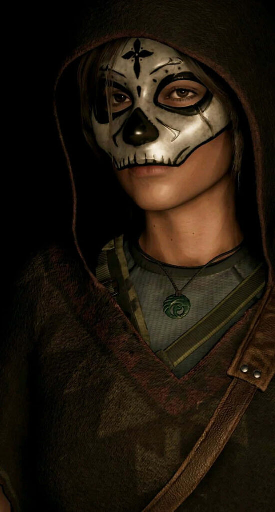 Intense Skull Face Paint Close-Up of Lara Croft Lookalike in Hooded Outfit Wallpaper