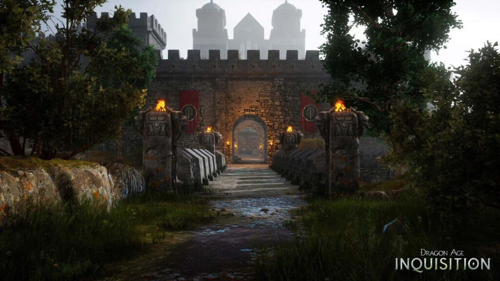 Epic Fantasy Scene: Dragon Age Stone Bridge with Fortress Gate and Torch Flames Wallpaper
