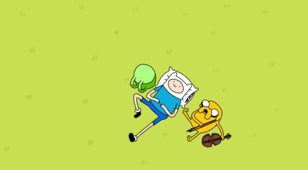 Finn and Jake from Adventure Time chilling on green background Wallpaper
