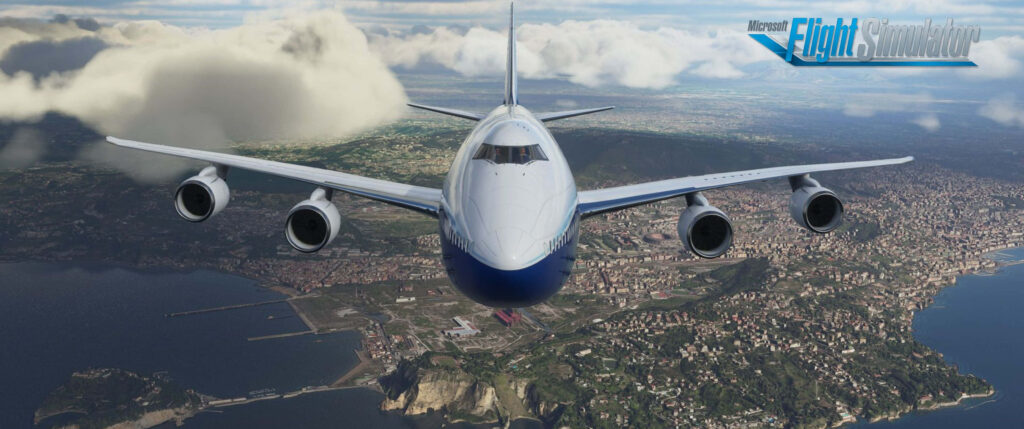 Microsoft Flight Simulator: Realistic Cityscape View with Commercial Airliner flying above Urban Features and Fluffy Clouds Wallpaper