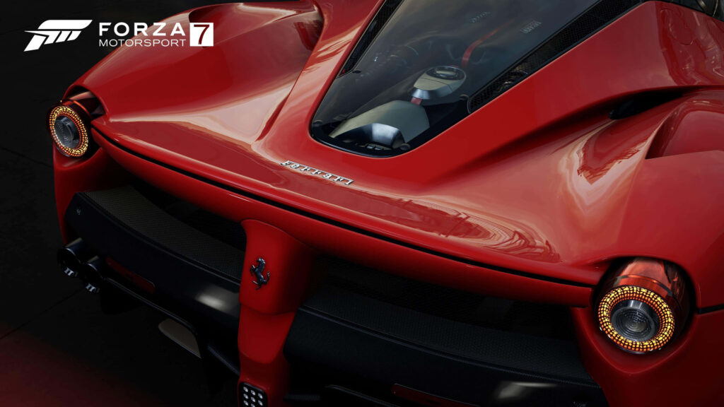 Forza Motorsport 7 Red Sports Car Showcase with High-Resolution Detail and Logo Background Wallpaper