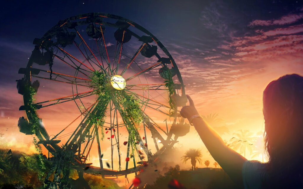 Immersive Giant Adventure: Unleashing Creative Graphics in an HD Wallpaper Background Photo - Girl Touching Ferris wheel, Sunset