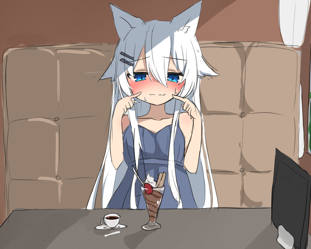 Charming Neko Girl with Cat Ears in Cozy Café Scene - Anime Wallpaper