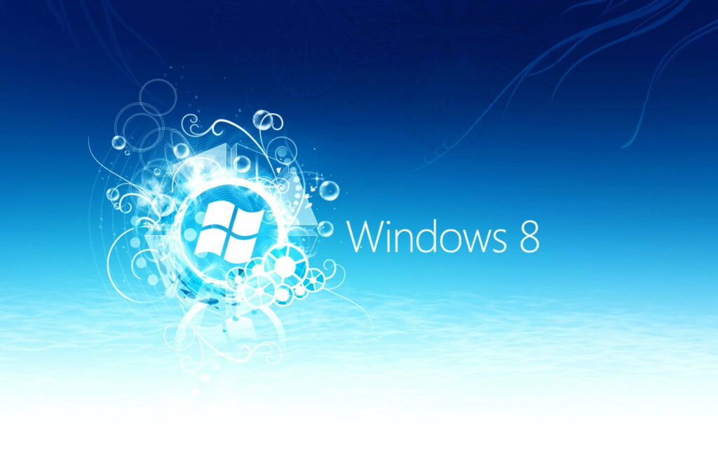 Windows 8 logo on vibrant blue gradient with abstract floral swirls and bubbles wallpaper