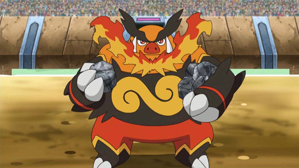 Emboar battle arena fiery flames muscular frame gripping rocks dynamic anime style wallpaper