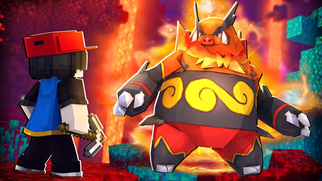 Emboar battles fiercely in Lego Movie style lava world with glowing rocks and fiery colors Wallpaper