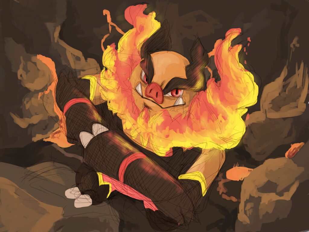 Emboar in dark cave with swirling flames fiery colors rocky background intense energy wallpaper
