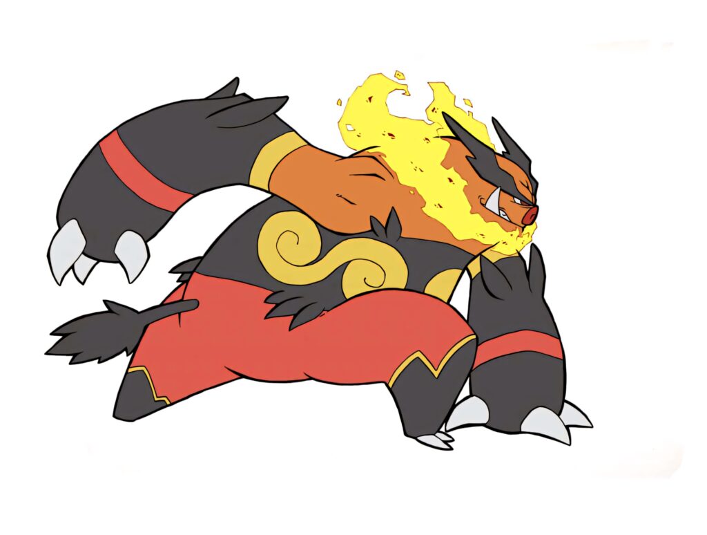Emboar fiery Pokemon ready to fight with flames and bold orange red black colors on white background Wallpaper