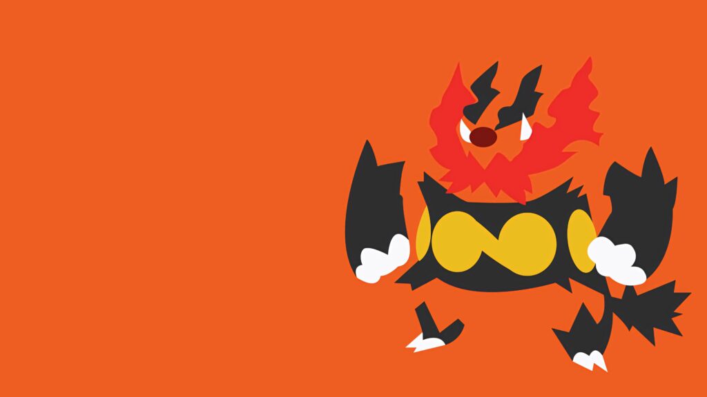 Emboar standing boldly with fiery beard and muscular build on vivid orange minimalist background Wallpaper