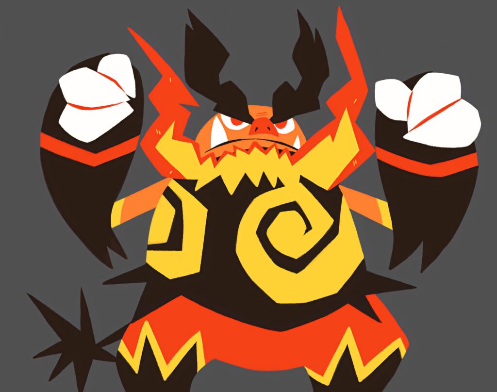 Emboar wallpaper with fiery orange tones bold pose swirling patterns intense expression gray background