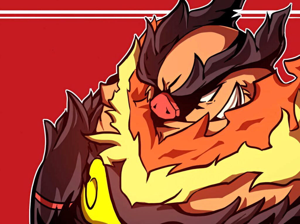 Emboar close-up with fiery flame mane and bold yellow markings on red anime-style background Wallpaper