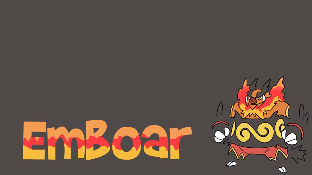 Emboar Fire Fighting Pokémon wallpaper with vibrant flames on gray background and bold lettering