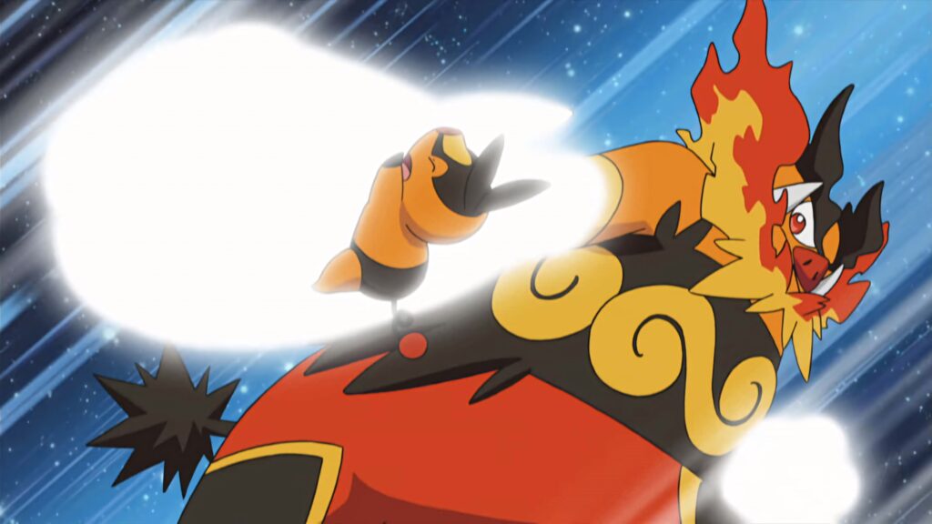 Emboar fighting wallpaper fiery power bold colors dynamic anime style background intensity strength