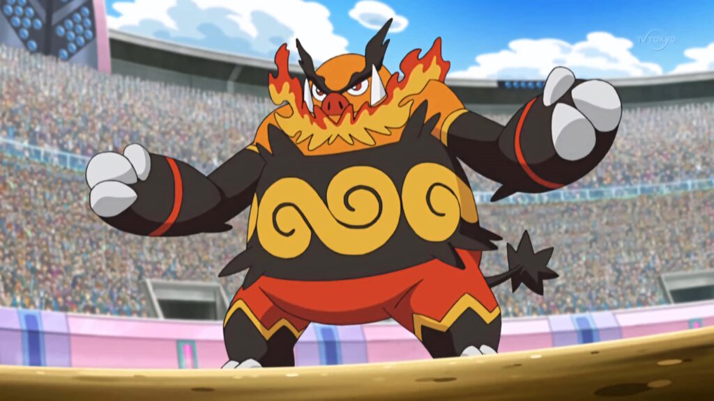 Emboar in vibrant anime style with fiery flames ready for battle in packed stadium crowd Wallpaper