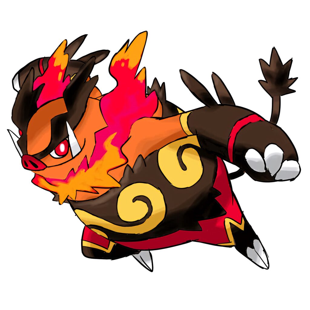 Emboar surrounded by vivid pink orange flames with bold black orange and yellow fiery patterns wallpaper