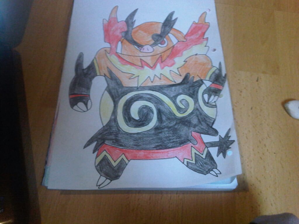 Hand-drawn Emboar wallpaper with fiery flames dynamic pose orange red yellow black colors