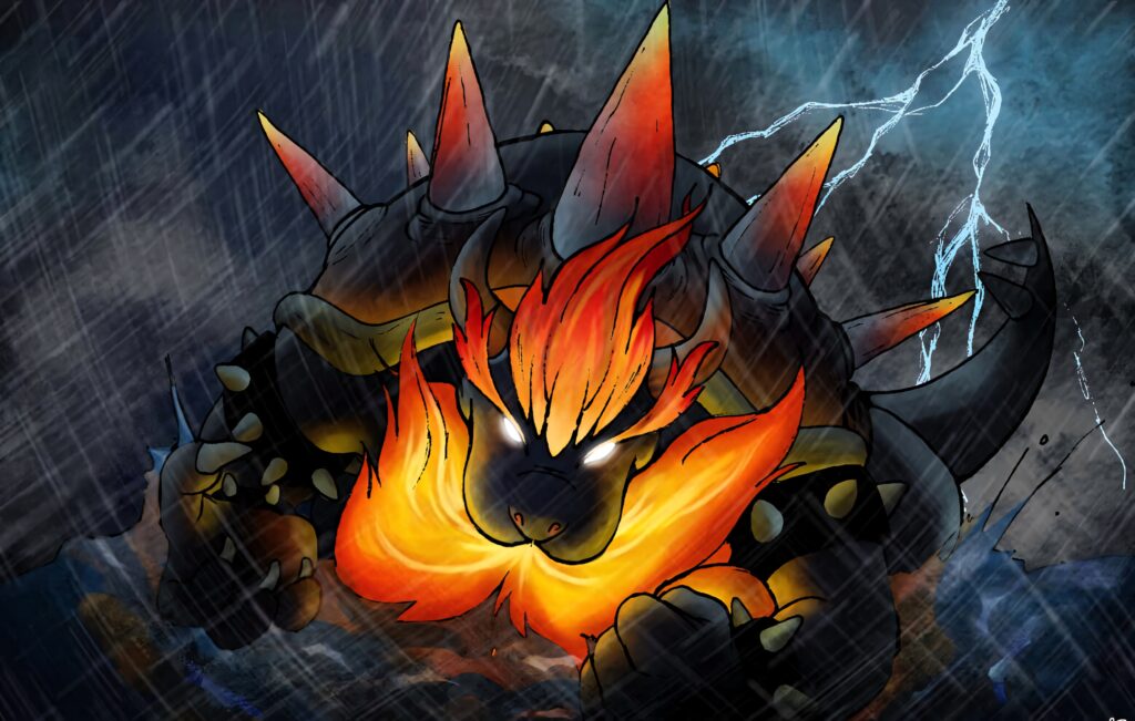 Emboar with vivid flames stands strong under stormy sky lightning rain anime wallpaper background
