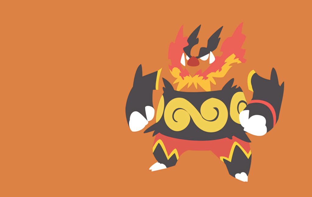 Emboar minimalist wallpaper vibrant red yellow black vector art powerful fiery Pokemon design
