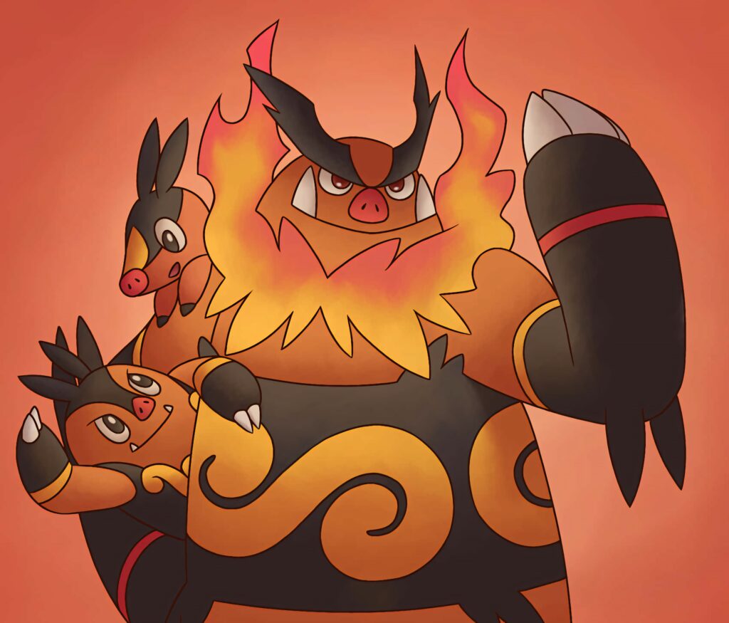 Emboar Tepig and Pignite cute playful fiery Pokemon wallpaper with warm orange red tones background