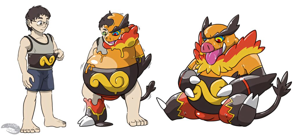 Creative Emboar transformation art blending human and Pokémon forms in vibrant fiery colors Wallpaper
